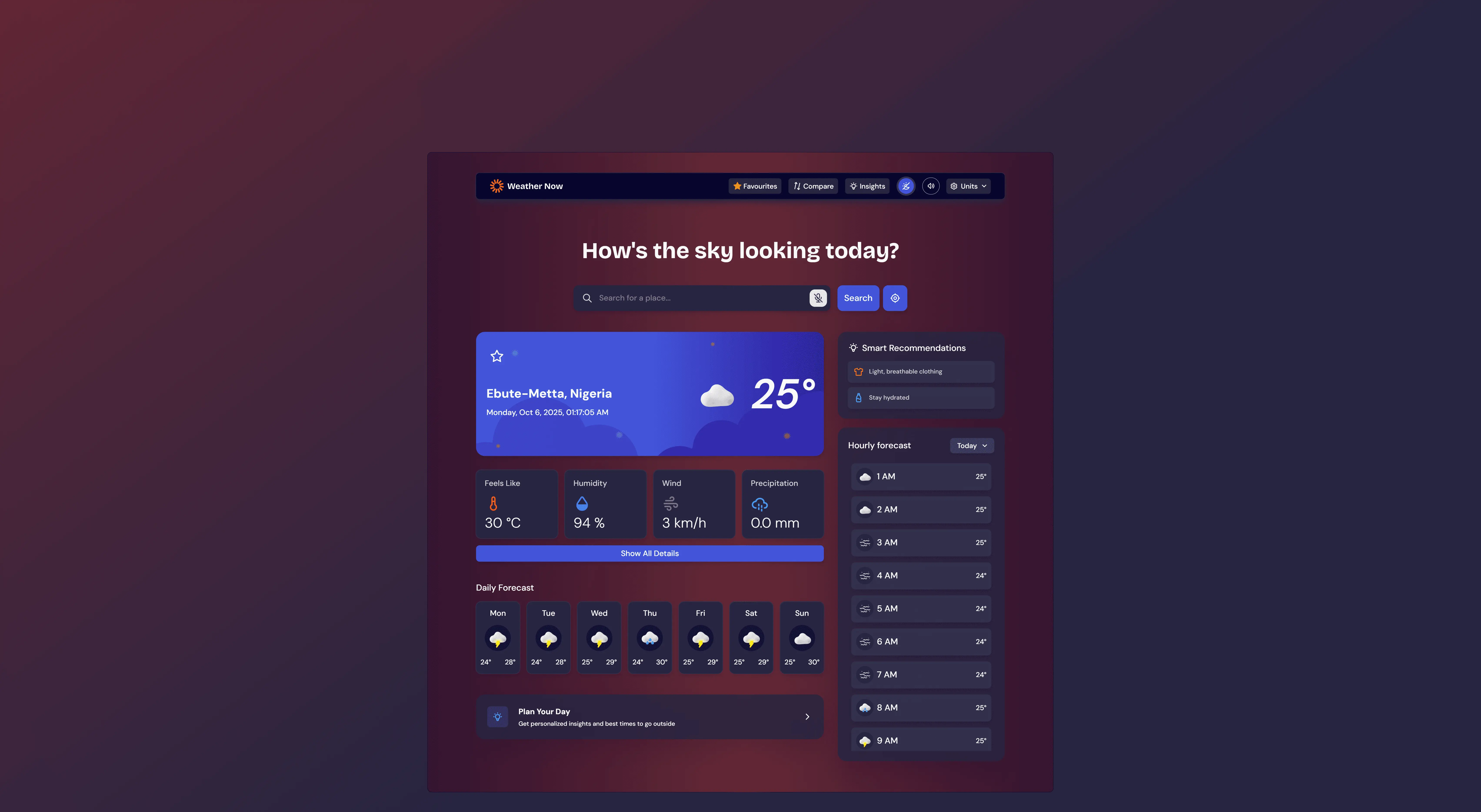 Weather application home page showing weather in a location